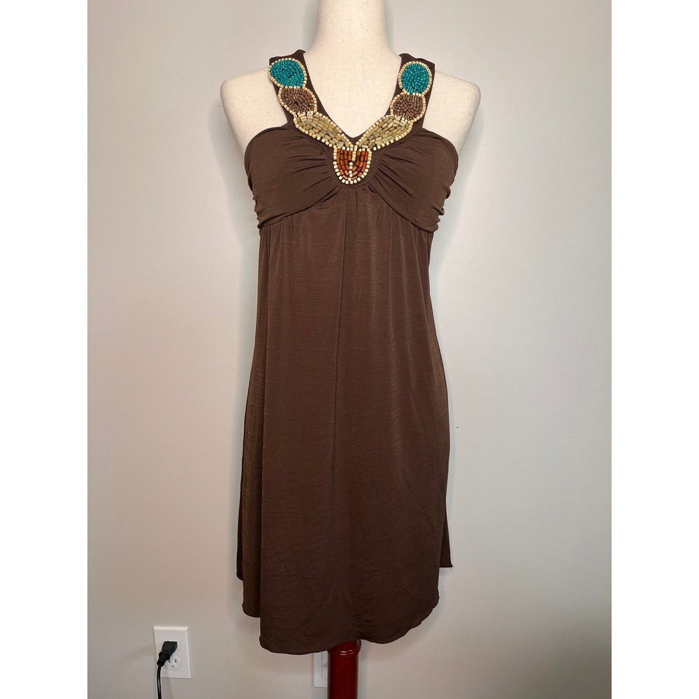 2000s Y2K Byer California Brown Boho Festival Beaded Halter Babydoll Dress S